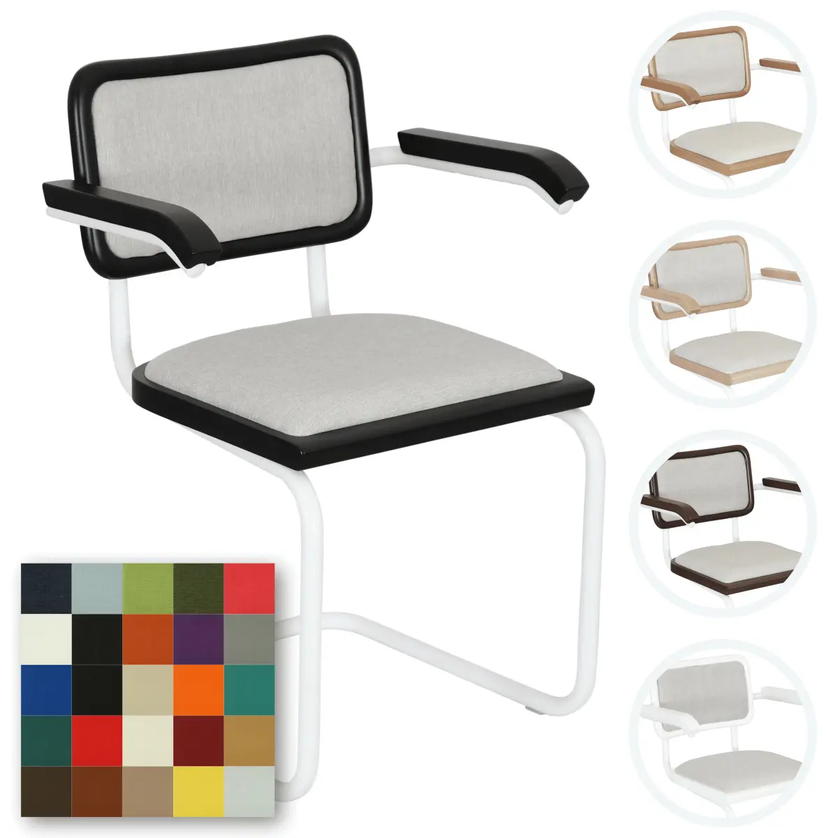 [BCC-CSCA-AC-CSHNS-CSHNB-WHTF-BLKW] Breuer Chair Company Cesca Cushion Seat & Cushion Back Cantilever Armchair Arm Chair w/ White Frame (Various Wood Finishes & Upholstery Covers; Made in Italy) (Black)