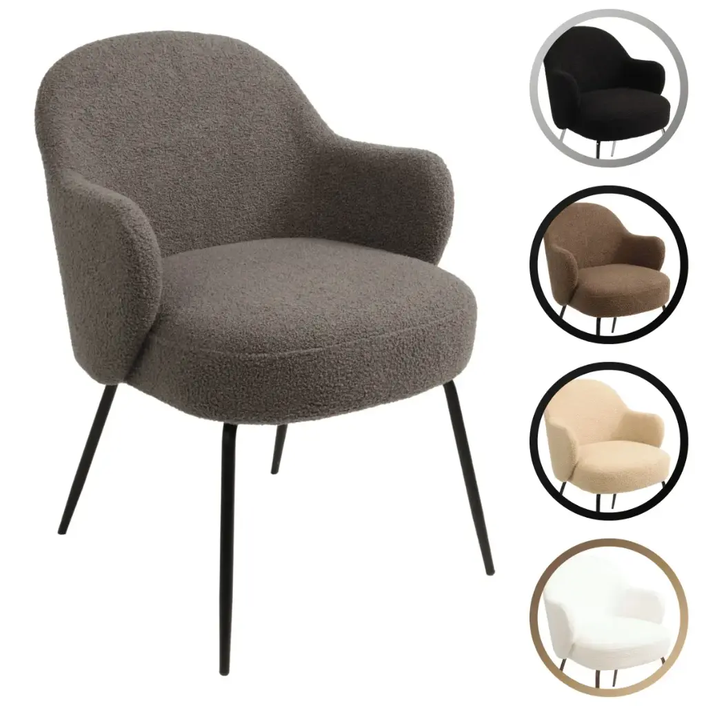 [FT-NRDC-CMFRT-OBSDN-BLK-CHRM] Furnish Theory Nordic Comfort Dining Armchair Arm Chair w/ Various Bouclé Fabric Upholstery Covers & Steel Leg Finishes (Designed in Denmark) (Obsidian Black & Chrome)