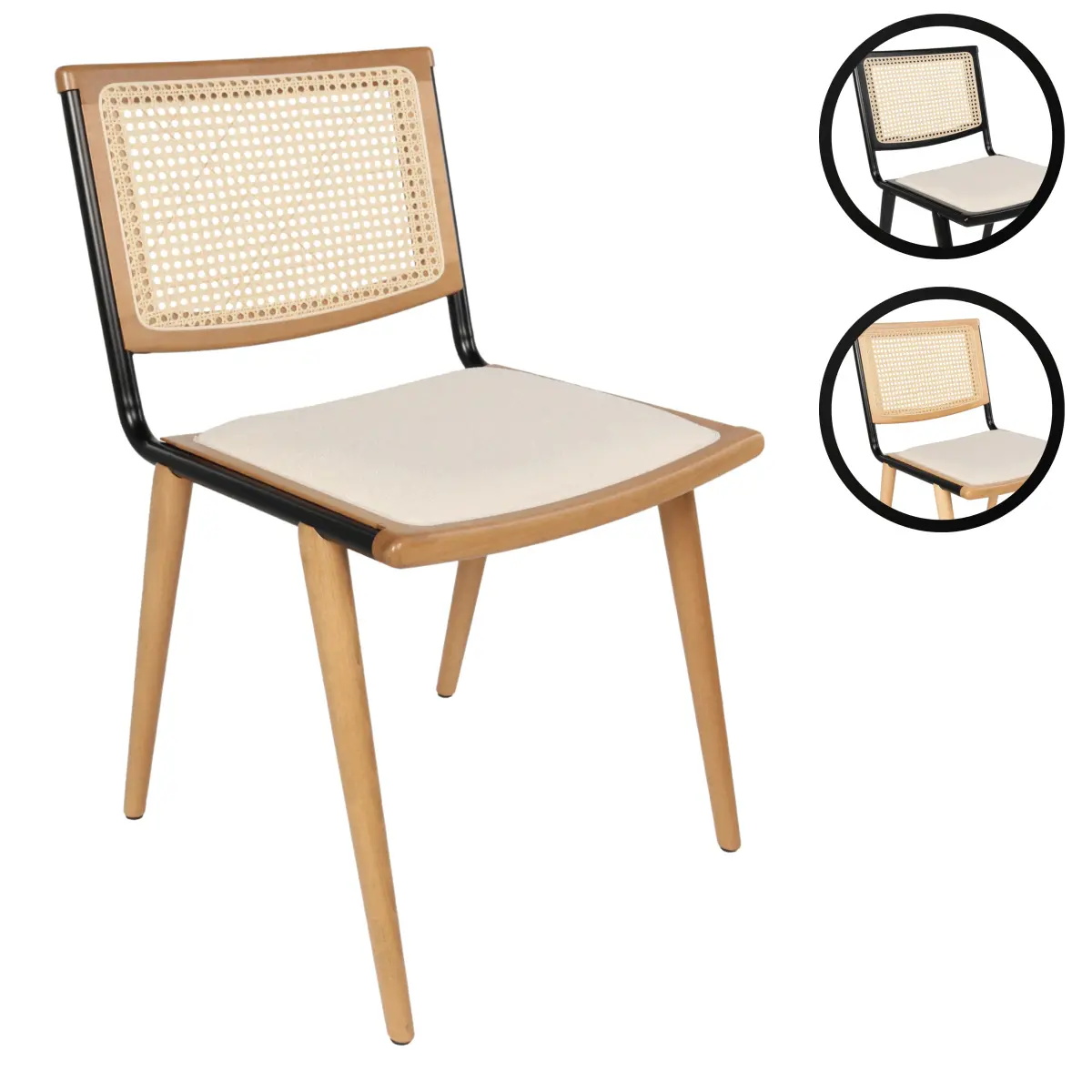 [BCC-REREKE-HNY-OAK] Breuer Chair Company Rereke Dining Side Chair w/ Cushion Padded Upholstered Seat, Beech Wood Cane Back, Steel Frame & Wooden Legs (Various Wood Finishes; Designed & Made in Italy) (Honey Oak)