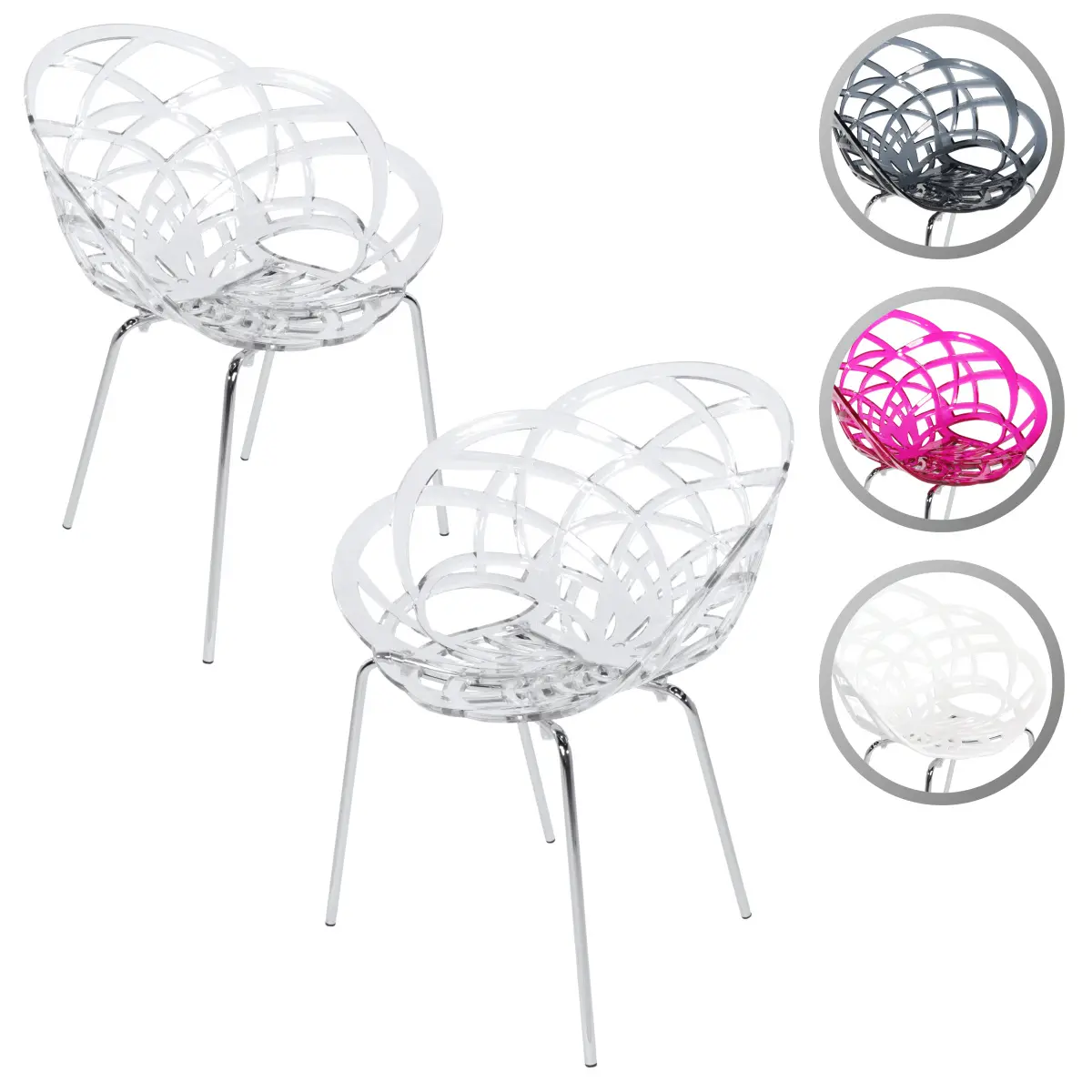 [FT-FLR-ML-SLD-WHT-CHRM-2PCS] Furnish Theory Fleur-ML Stackable Dining Armchairs Arm Chairs w/ UV-Stabilized Polycarbonate Shell & Chrome-Plated Steel Legs (Various Colors; Made in Turkey; Set of 2) (White)