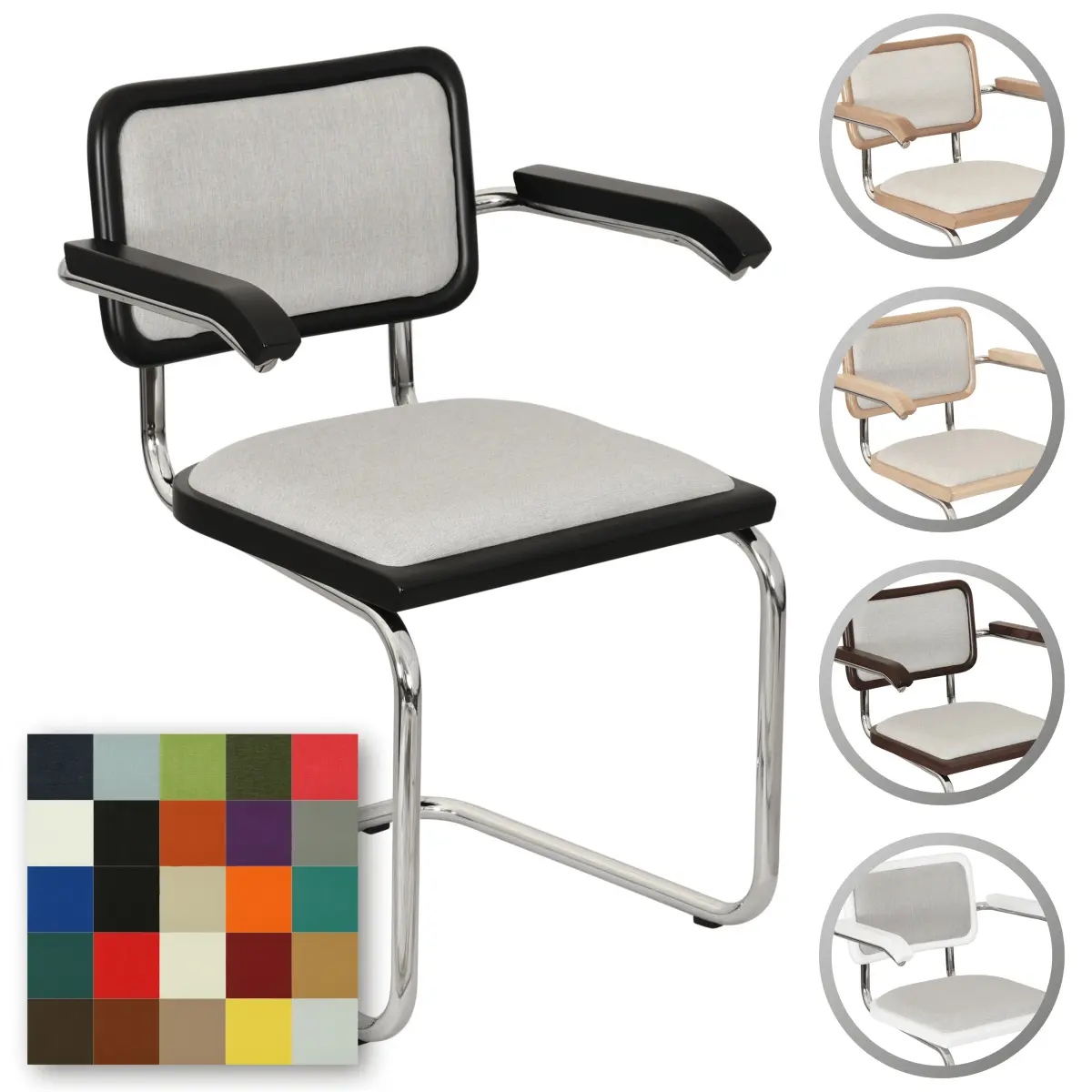 [BCC-CSCA-AC-CSHNS-CSHNB-CHRMF-BLKW] Breuer Chair Company Cesca Cushion Seat & Cushion Back Cantilever Armchair Arm Chair w/ Chrome Frame (Various Wood Finishes & Upholstery Covers; Made in Italy) (Black)