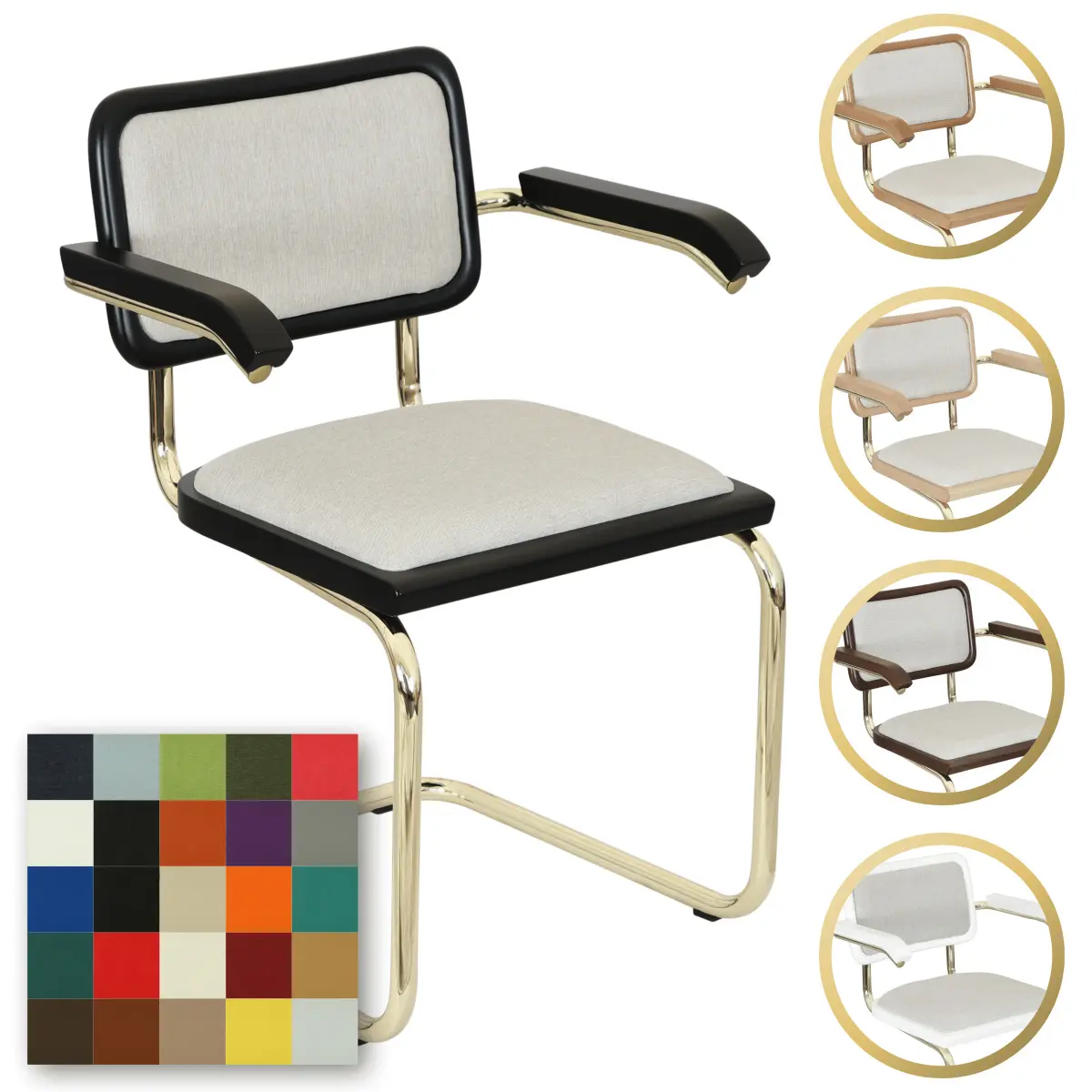 [BCC-CSCA-AC-CSHNS-CSHNB-BRSF-BLKW] Breuer Chair Company Cesca Cushion Seat & Cushion Back Cantilever Armchair Arm Chair w/ Brass Frame (Various Wood Finishes & Upholstery Covers; Made in Italy) (Black)