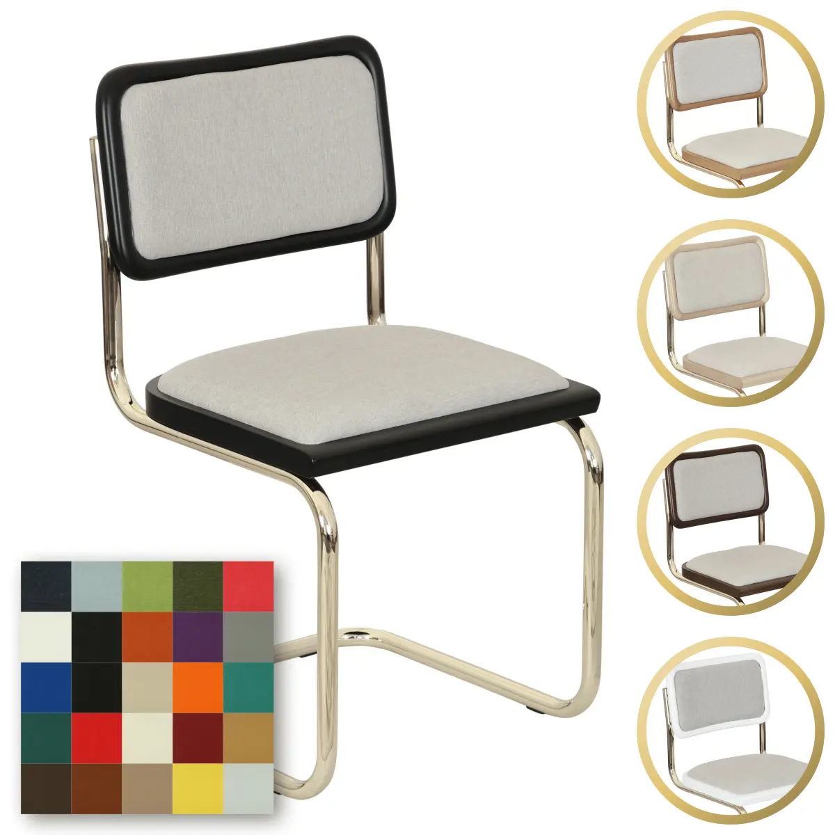 [BCC-CSCA-SC-CSHNS-CSHNB-BRSF-BLKW] Breuer Chair Company Cesca Cushion Seat & Cushion Back Cantilever Side Chair w/ Brass Frame (Various Wood Finishes & Upholstery Covers; Made in Italy) (Black)
