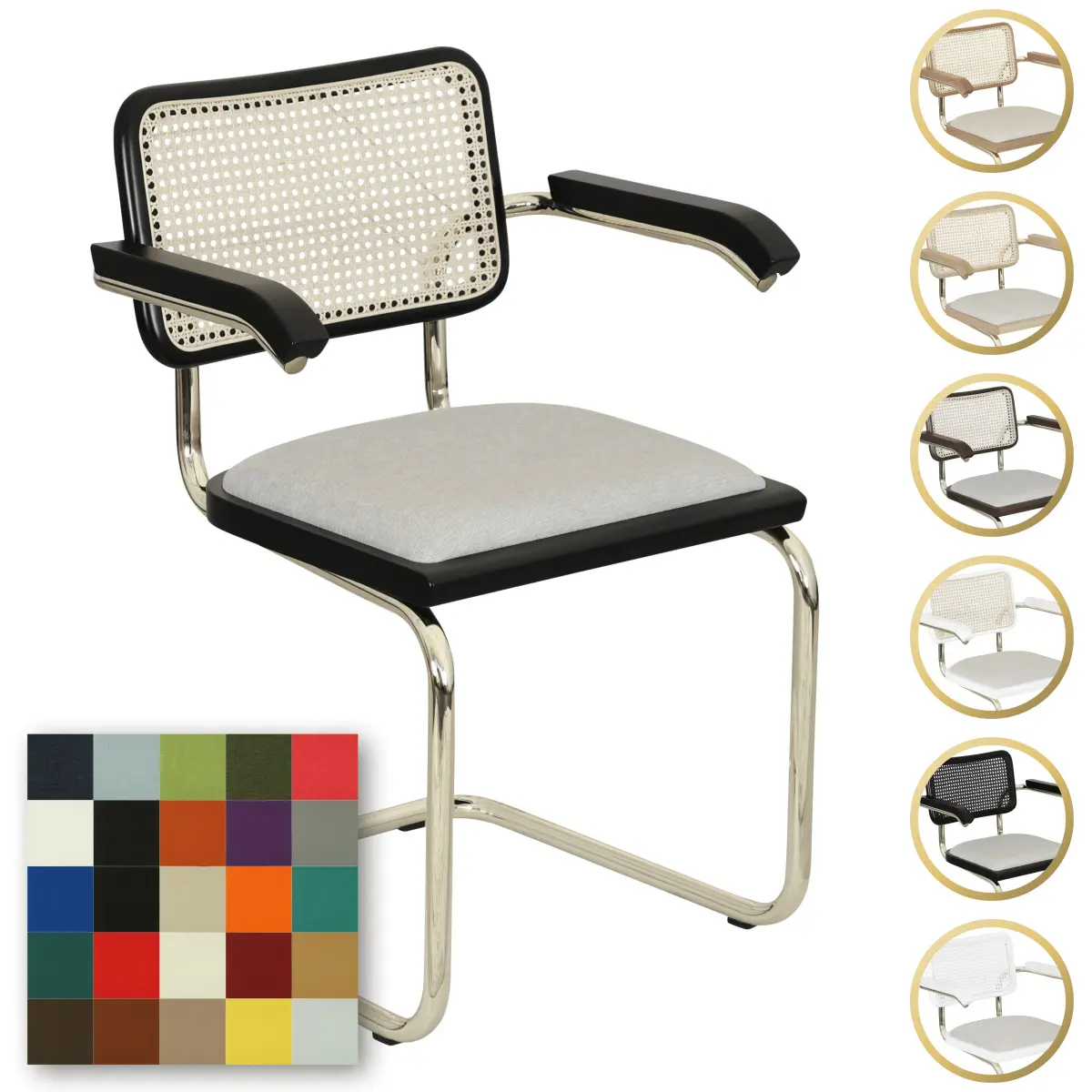 Breuer Chair Company Cesca Cushion Seat & Cane Back Cantilever Armchair Arm Chair w/ Brass Frame (Various Wood Finishes, Cane Colors & Upholstery Covers; Made in Italy)