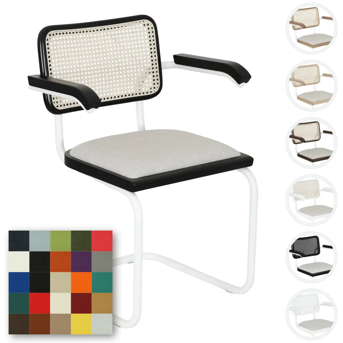 Breuer Chair Company Cesca Cushion Seat & Cane Back Cantilever Armchair Armchair w/ White Frame (Various Wood Finishes, Cane Colors & Upholstery Covers; Made in Italy) (All Black, Angel-20-405-Fabric)