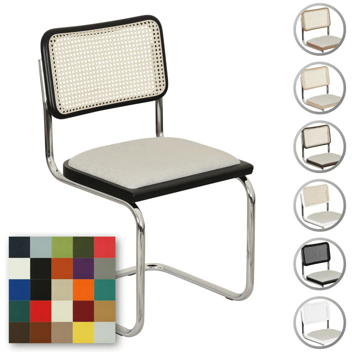 Breuer Chair Company Cesca Cushion Seat & Cane Back Cantilever Side Chair w/ Chrome Frame (Various Wood Finishes, Cane Colors & Upholstery Covers; Made in Italy) (All Black, Angel-20-405-Fabric)