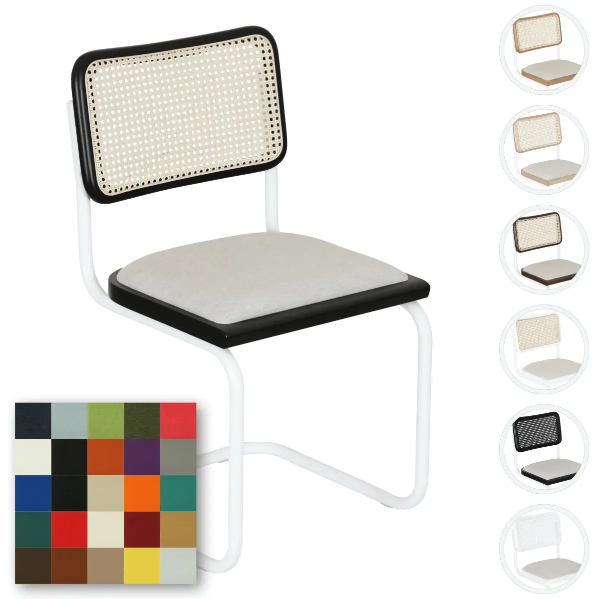 Breuer Chair Company Cesca Cushion Seat & Cane Back Cantilever Side Chair w/ White Frame (Various Wood Finishes, Cane Colors & Upholstery Covers; Made in Italy)