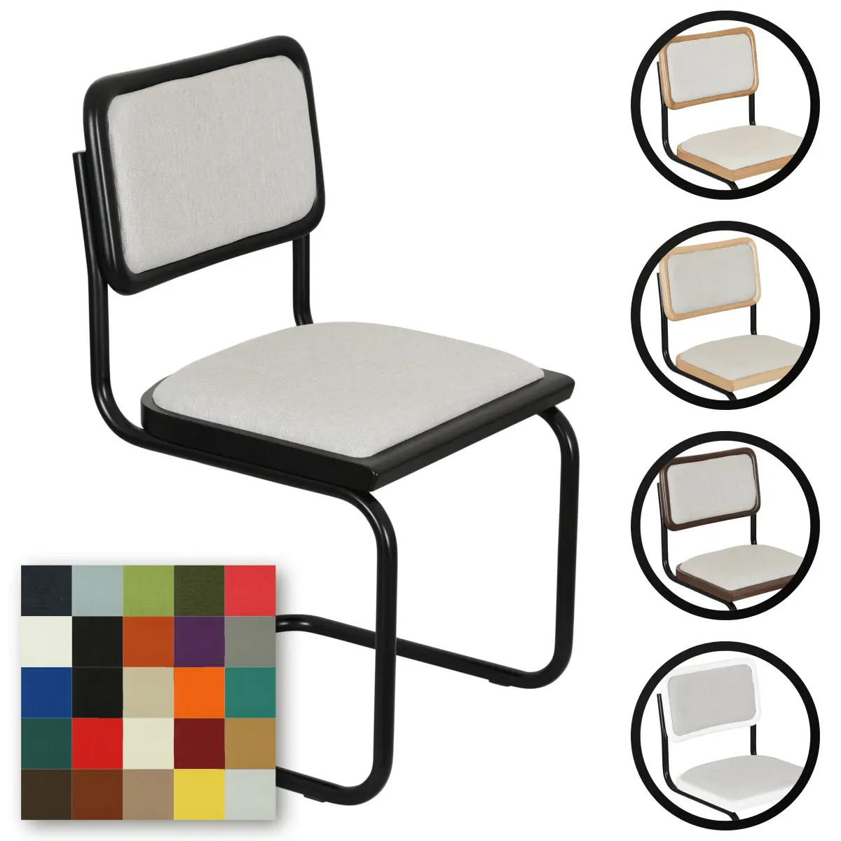 Breuer Chair Company Cesca Cushion Seat & Cushion Back Cantilever Side Chair w/ Black Frame (Various Wood Finishes & Upholstery Covers; Made in Italy)