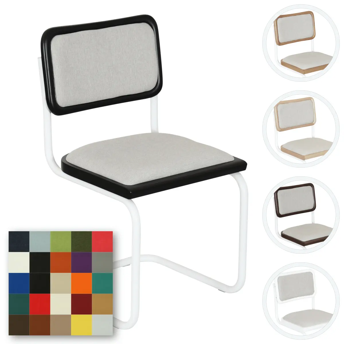 Breuer Chair Company Cesca Cushion Seat & Cushion Back Cantilever Side Chair w/ White Frame (Various Wood Finishes & Upholstery Covers; Made in Italy)